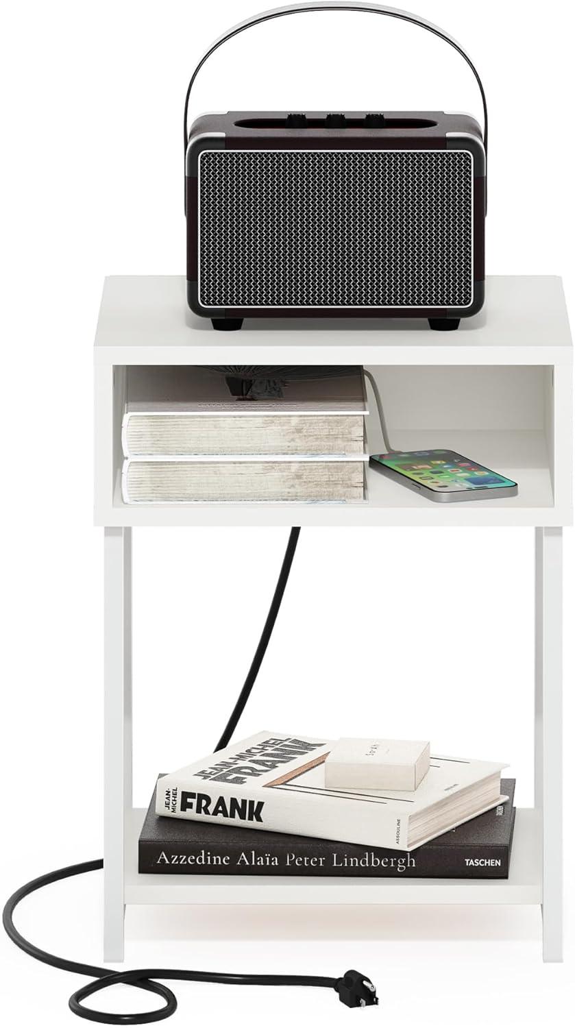 imageFurinno Moretti Side Table 3Tier End Table with Charging Station Metal Frame Night Stand Bedside Table with USB and TypeC Charging Port for Living Room Bedroom Bauhaus OakWhite