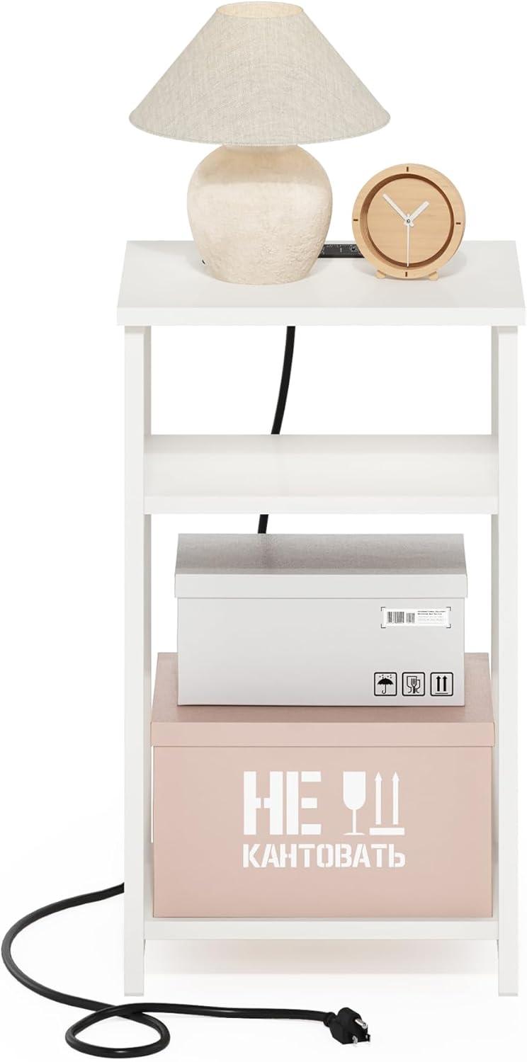 imageFurinno Moretti Side Table 3Tier End Table with Charging Station Metal Frame Night Stand Bedside Table with USB and TypeC Charging Port for Living Room Bedroom Bauhaus OakSolid White