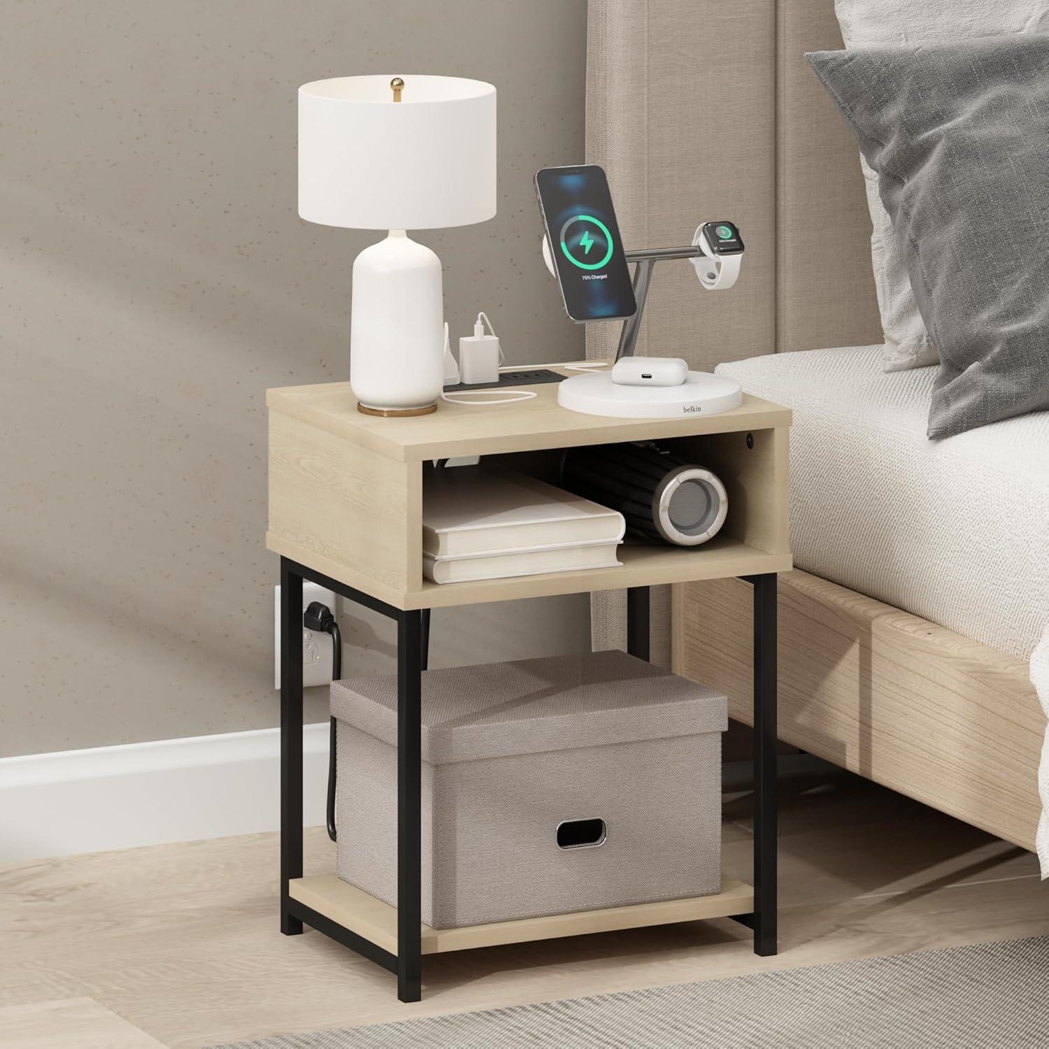 imageFurinno Moretti Side Table 3Tier End Table with Charging Station Metal Frame Night Stand Bedside Table with USB and TypeC Charging Port for Living Room Bedroom Bauhaus OakBauhaus Oak