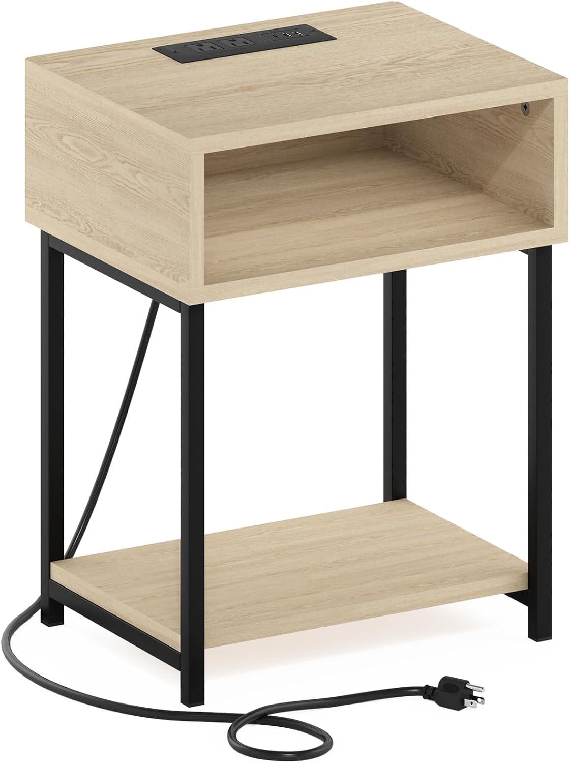 imageFurinno Moretti Side Table 3Tier End Table with Charging Station Metal Frame Night Stand Bedside Table with USB and TypeC Charging Port for Living Room Bedroom Bauhaus OakBauhaus Oak