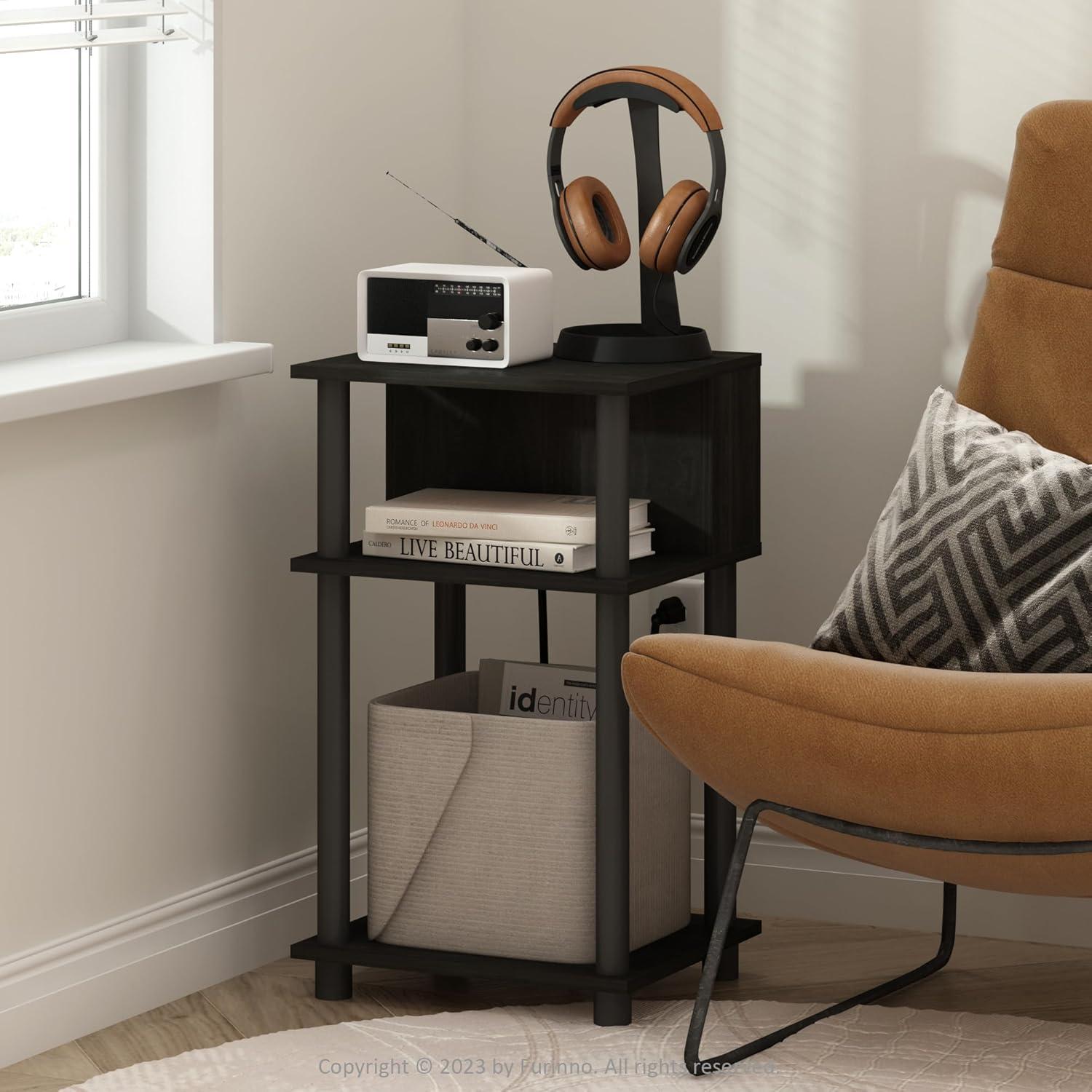imageFurinno Moretti Side Table 3Tier End Table with Charging Station Metal Frame Night Stand Bedside Table with USB and TypeC Charging Port for Living Room Bedroom Bauhaus OakEspressoBlack