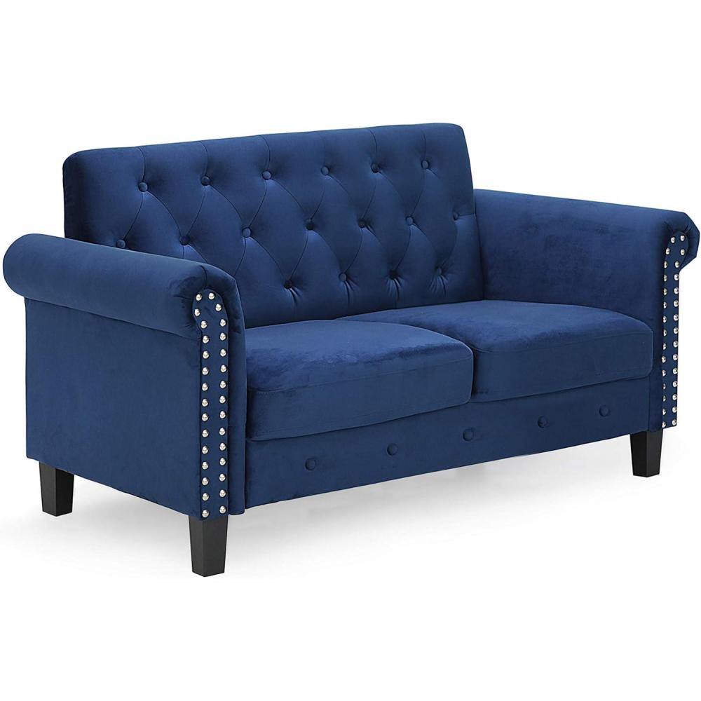 imageFurinno Brive Contemporary Tufted Faux Leather 3Seater Sofa Couch for Living Room Black Faux LeatherNavy Velvet