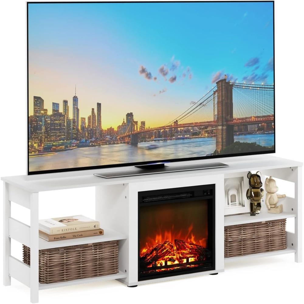 imageFurinno Classic 70 Inch TV Stand with Fireplace AmericanoWhite Emboss