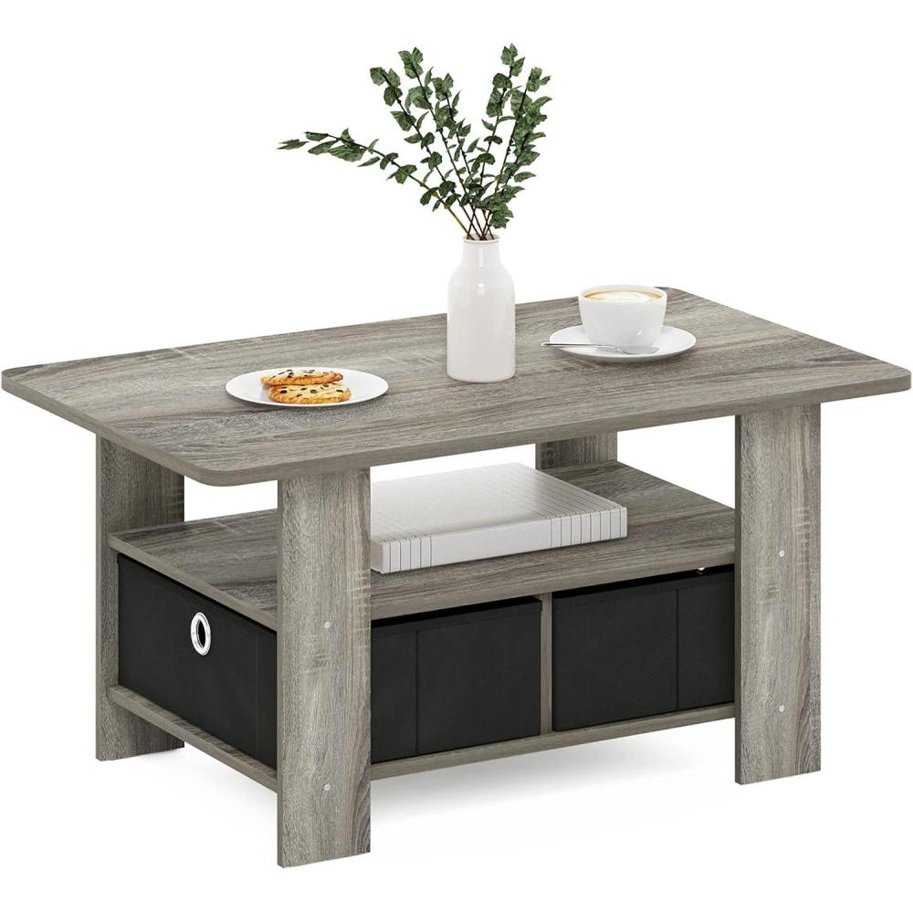 imageFurinno Coffee Table with Bins EspressoBrownFrench Oak GreyBlack