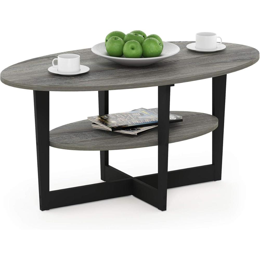 imageFurinno Jaya Simple Design Oval Coffee Table with Bin for Living Room WalnutFrench Oak GreyBlack