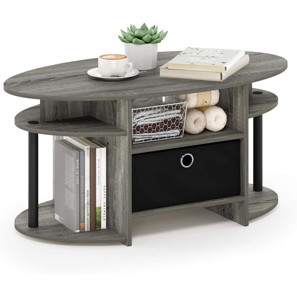 imageFurinno Jaya Simple Design Oval Coffee Table with Bin for Living Room WalnutFrench Oak GreyBlackBlack