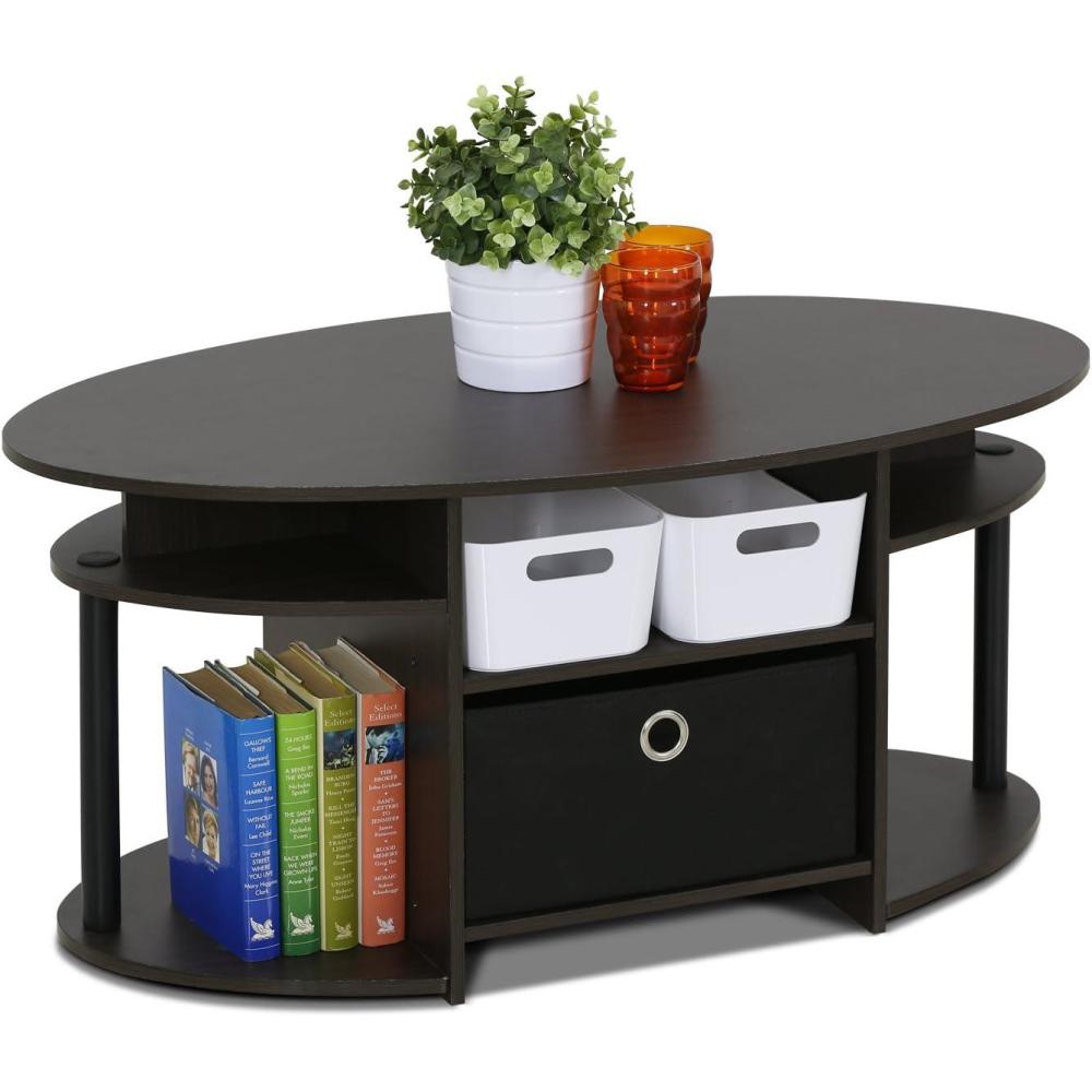imageFurinno Jaya Simple Design Oval Coffee Table with Bin for Living Room WalnutWalnut BlackBlackBlack