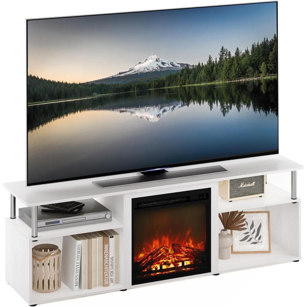 imageFurinno Jensen Farmhouse Barn Door Fireplace Stand with Storage Cabinet for TV up to 60 Inch Rustic BrownWhite OakChrome