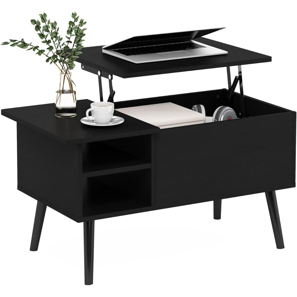 imageFurinno Jensen Living Room Wooden Leg Lift Top Coffee Table With Hidden Compartment and Side Open Storage Shelf French Oak GreyAmericano