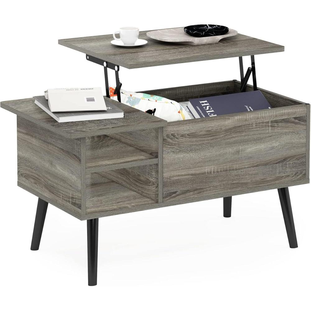 imageFurinno Jensen Living Room Wooden Leg Lift Top Coffee Table With Hidden Compartment and Side Open Storage Shelf French Oak GreyFrench Oak Grey