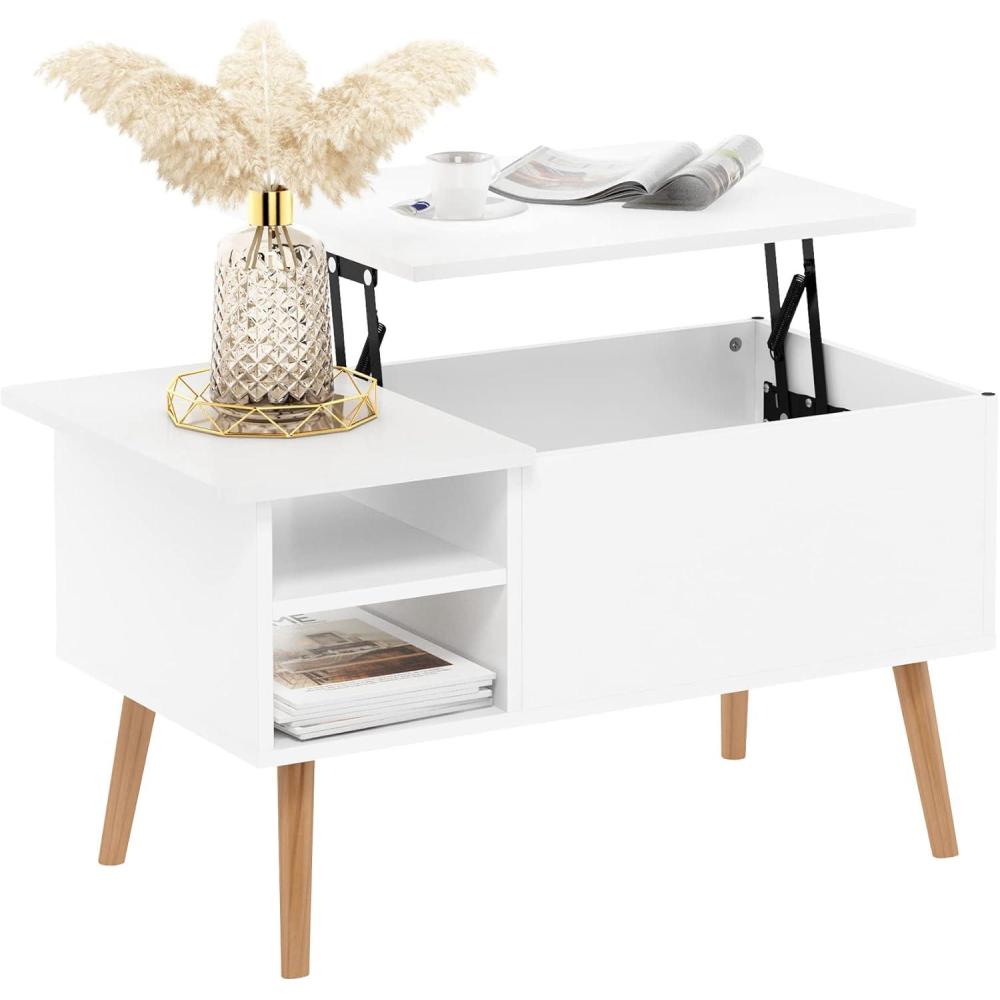imageFurinno Jensen Living Room Wooden Leg Lift Top Coffee Table With Hidden Compartment and Side Open Storage Shelf French Oak GreySolid White