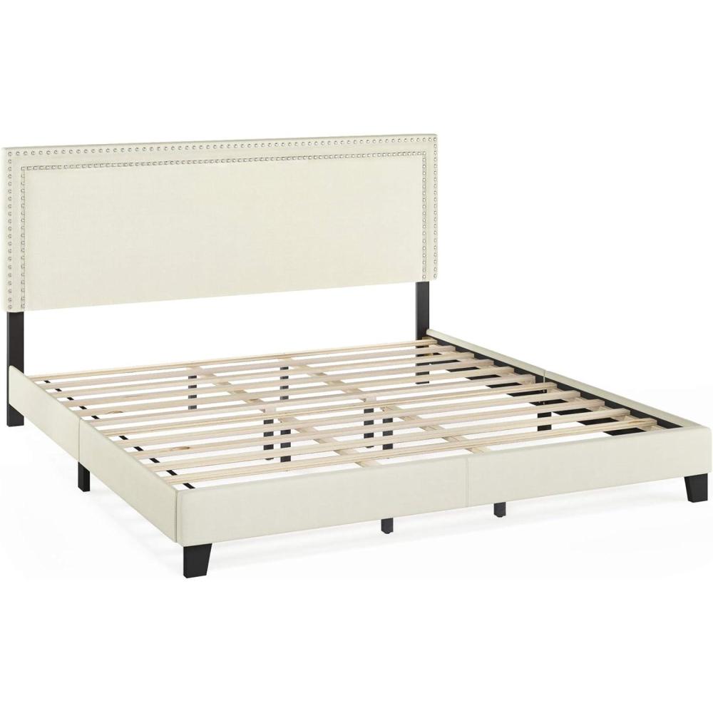 imageFurinno Laval Bed Frame King Size Bedframe with Button Double Row Nail Head Headboard Upholstered Bed with Legs 12pcs Wooden Slat Support Easy Assembly for Bedroom Dorm Light Beige