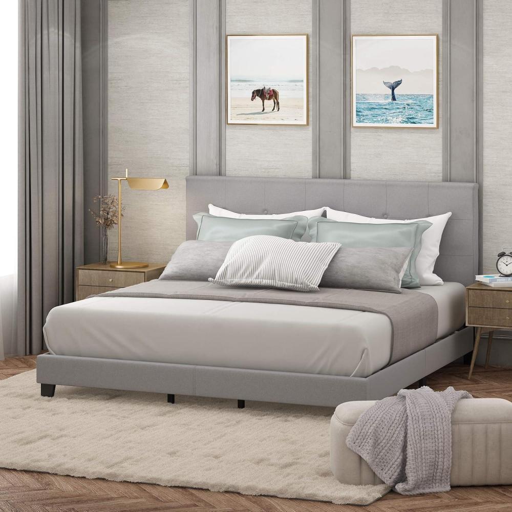 imageFurinno Laval Bed Frame King Size Bedframe with Button Tufted Headboard Upholstered Bed with Legs 12pcs Wooden Slat Support Easy Assembly for Bedroom Dorm Light Grey