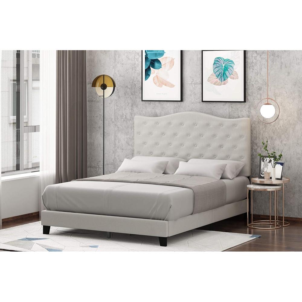 imageFurinno Lille Bed Frame Queen Size Bedframe with Button Tufted Headboard Bed with Legs 12pcs Wooden Slat Support Easy Assembly for Bedroom Dorm Light Beige