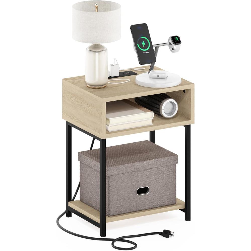 imageFurinno Moretti Side Table 3Tier End Table with Charging Station Metal Frame Night Stand Bedside Table with USB and TypeC Charging Port for Living Room Bedroom Bauhaus OakBauhaus Oak