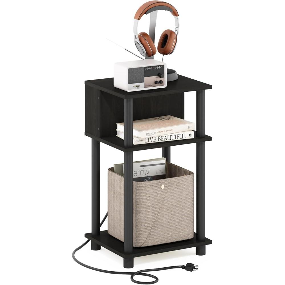 imageFurinno Moretti Side Table 3Tier End Table with Charging Station Metal Frame Night Stand Bedside Table with USB and TypeC Charging Port for Living Room Bedroom Bauhaus OakEspressoBlack