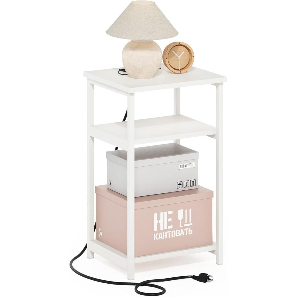 imageFurinno Moretti Side Table 3Tier End Table with Charging Station Metal Frame Night Stand Bedside Table with USB and TypeC Charging Port for Living Room Bedroom Bauhaus OakSolid White