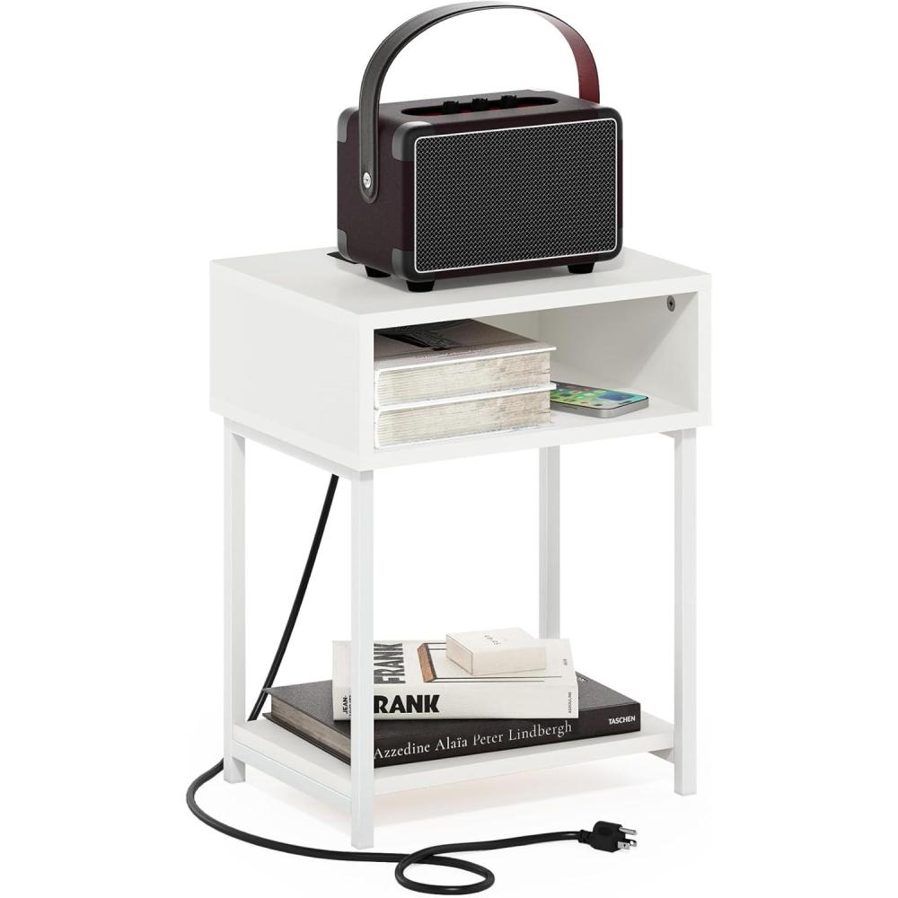 imageFurinno Moretti Side Table 3Tier End Table with Charging Station Metal Frame Night Stand Bedside Table with USB and TypeC Charging Port for Living Room Bedroom Bauhaus OakWhite