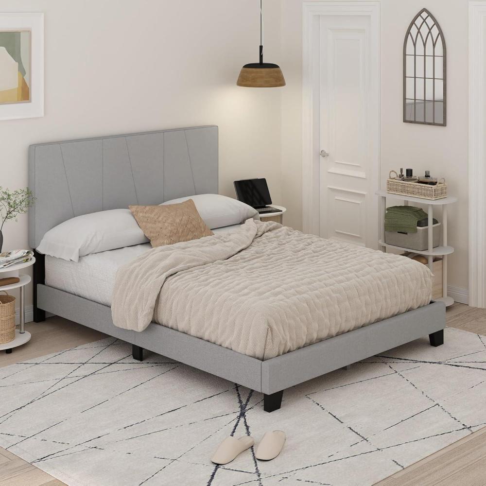 imageFurinno Skylar Bed Frame Twin Size Bedframe with Geometric Design Upholstered Headboard Bed with Adjustable Headboard No Box Spring Needed 12pcs Wooden Slat Support for Bedroom Dorm GlacierQueen