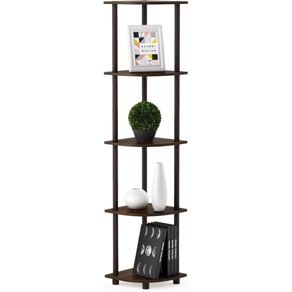 imageFurinno TURNNTUBE Corner Shelf 5Tier Corner Bookshelf Open Storage Shelves for Organization and Storage Living Room Home Office Garage Bedroom EspressoWalnutBrown