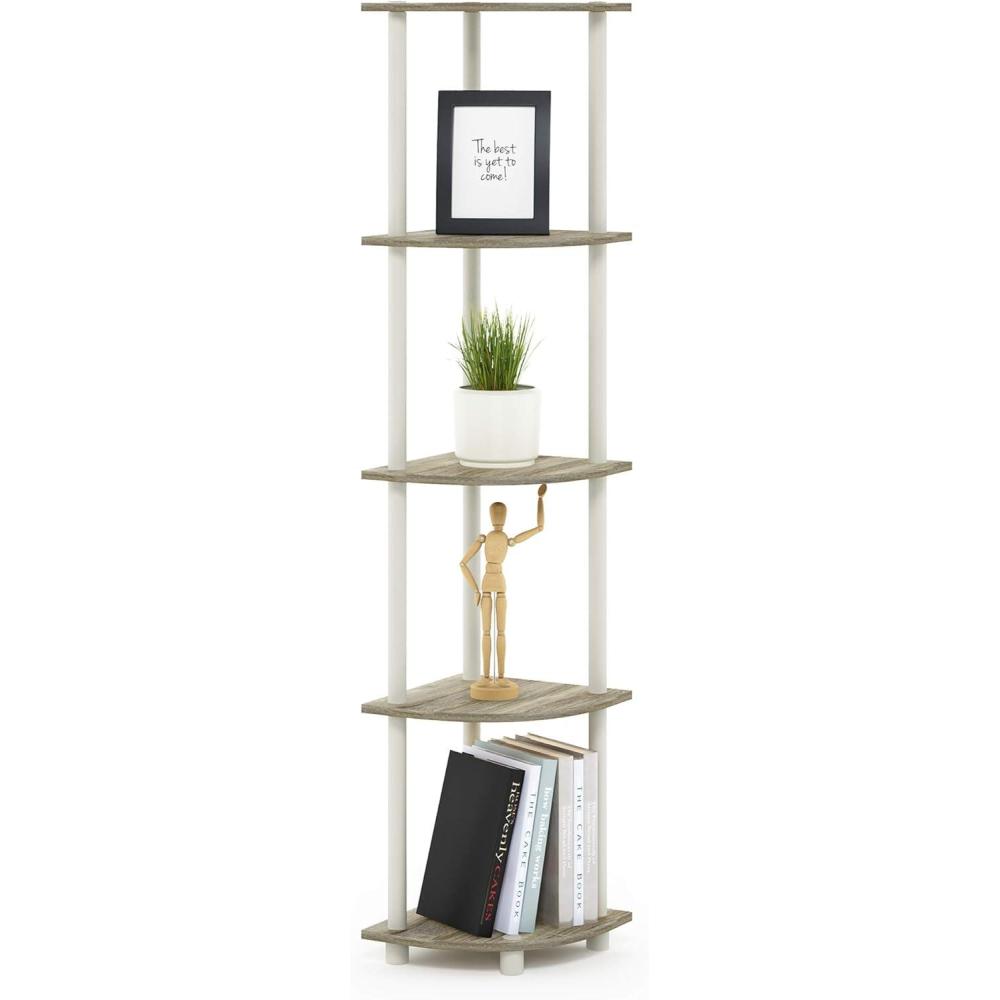 imageFurinno TURNNTUBE Corner Shelf 5Tier Corner Bookshelf Open Storage Shelves for Organization and Storage Living Room Home Office Garage Bedroom EspressoSonoma OakWhite
