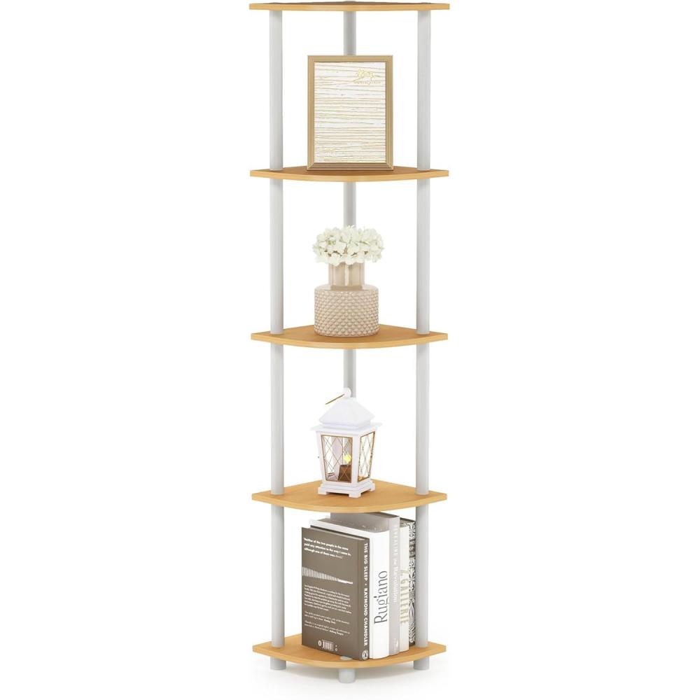imageFurinno TURNNTUBE Corner Shelf 5Tier Corner Bookshelf Open Storage Shelves for Organization and Storage Living Room Home Office Garage Bedroom EspressoBeechWhite