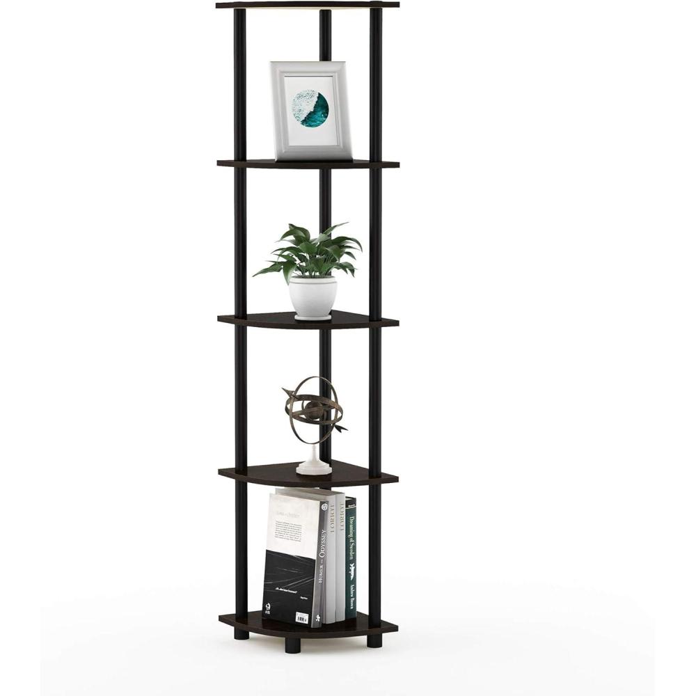 imageFurinno TURNNTUBE Corner Shelf 5Tier Corner Bookshelf Open Storage Shelves for Organization and Storage Living Room Home Office Garage Bedroom EspressoDark Brown GrainBlack