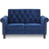 Furinno Brive Contemporary Tufted Faux Leather 3-Seater Sofa Couch for Living Room, Black Faux Leather(Navy Velvet)
