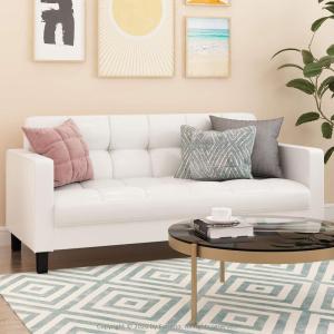 Furinno Brive Contemporary Tufted Faux Leather 3-Seater Sofa Couch for Living Room, Black Faux Leather(White Faux Leather)