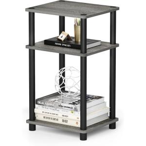Furinno JUST Side Table, 3-Tier End Table, Open Shelves Night Stand, Bedside Table, Toolless Assembly, for Living Room, Bedroom, Bathroom, French Oak(French Oak Grey/Black)