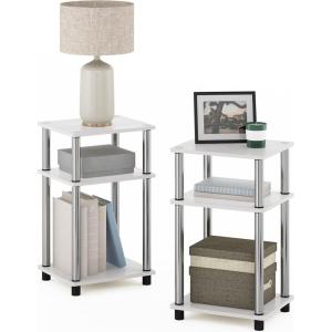 Furinno JUST Side Table, 3-Tier End Table, Open Shelves Night Stand, Bedside Table, Toolless Assembly, for Living Room, Bedroom, Bathroom, French Oak(White Oak/Chrome)