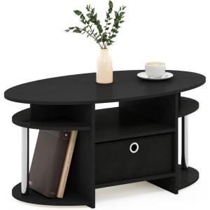 Furinno Jaya Simple Design Oval Coffee Table with Bin for Living Room, Walnut(Americano/Chrome/Black)