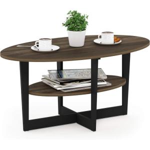 Furinno Jaya Simple Design Oval Coffee Table with Bin for Living Room, Walnut(Columbia Walnut/Black)