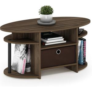 Furinno Jaya Simple Design Oval Coffee Table with Bin for Living Room, Walnut(Columbia Walnut/Black/Dark Brown)