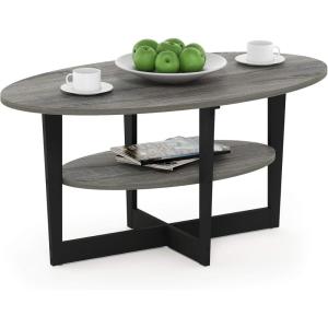 Furinno Jaya Simple Design Oval Coffee Table with Bin for Living Room, Walnut(French Oak Grey/Black)