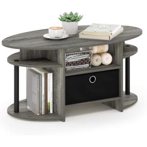 Furinno Jaya Simple Design Oval Coffee Table with Bin for Living Room, Walnut(French Oak Grey/Black/Black)