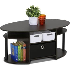 Furinno Jaya Simple Design Oval Coffee Table with Bin for Living Room, Walnut(Walnut Black/Black/Black)