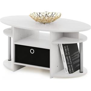 Furinno Jaya Simple Design Oval Coffee Table with Bin for Living Room, Walnut(White Oak/Chrome/Black)