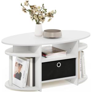Furinno Jaya Simple Design Oval Coffee Table with Bin for Living Room, Walnut(White/White/Black)