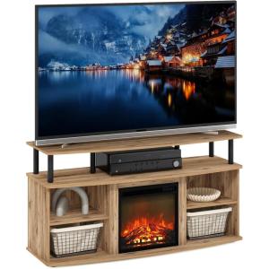 Furinno Jensen Farmhouse Barn Door Fireplace Stand with Storage Cabinet for TV up to 60 Inch, Rustic Brown(Flagstaff Oak)