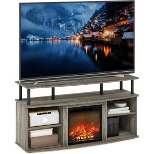 Furinno Jensen Farmhouse Barn Door Fireplace Stand with Storage Cabinet for TV up to 60 Inch, Rustic Brown(French Oak Grey)