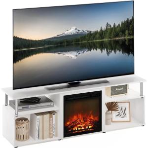 Furinno Jensen Farmhouse Barn Door Fireplace Stand with Storage Cabinet for TV up to 60 Inch, Rustic Brown(White Oak/Chrome)