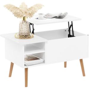 Furinno Jensen Living Room Wooden Leg Lift Top Coffee Table With Hidden Compartment and Side Open Storage Shelf, French Oak Grey(Solid White)