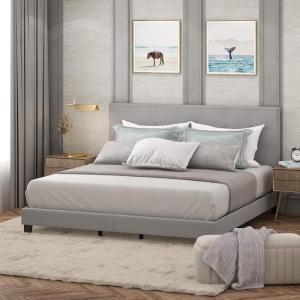 Furinno Laval Bed Frame, King Size Bedframe with Button Tufted Headboard, Upholstered Bed with Legs, 12pcs Wooden Slat Support, Easy Assembly, for Bedroom, Dorm, Light Grey