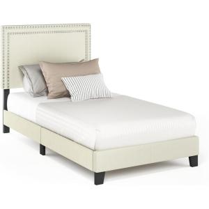 Furinno Laval Double Row Nail Head Upholstered Platform Bed Frame, Queen, Linen(Linen)