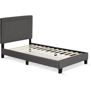 Furinno Laval Double Row Nail Head Upholstered Platform Bed Frame, Queen, Linen(Stone)