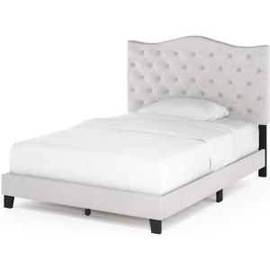 Furinno Lille Bed Frame, Full Size Bedframe with Button Tufted Headboard, Upholstered Bed with Legs, No Box Spring Needed, 12pcs Wooden Slat Support, Easy Assembly, for Bedroom, Dorm, Light Beige