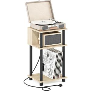 Furinno Moretti Side Table, 3-Tier End Table with Charging Station, Metal Frame Night Stand, Bedside Table with USB and Type-C Charging Port, for Living Room, Bedroom, Bauhaus Oak(Bauhaus Oak/Black)