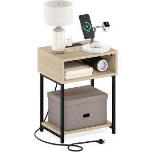 Furinno Moretti Side Table, 3-Tier End Table with Charging Station, Metal Frame Night Stand, Bedside Table with USB and Type-C Charging Port, for Living Room, Bedroom, Bauhaus Oak(Bauhaus Oak)