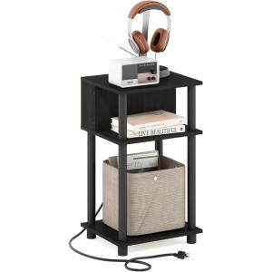 Furinno Moretti Side Table, 3-Tier End Table with Charging Station, Metal Frame Night Stand, Bedside Table with USB and Type-C Charging Port, for Living Room, Bedroom, Bauhaus Oak(Espresso/Black)
